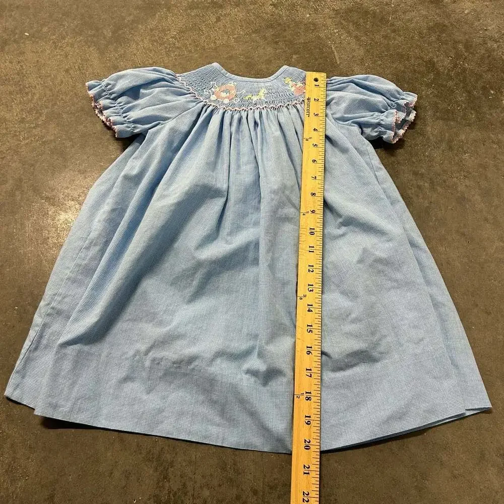 Amanda Remembered Size 2 Blue Gingham Smocked Bishop Dress Hand Embroidered